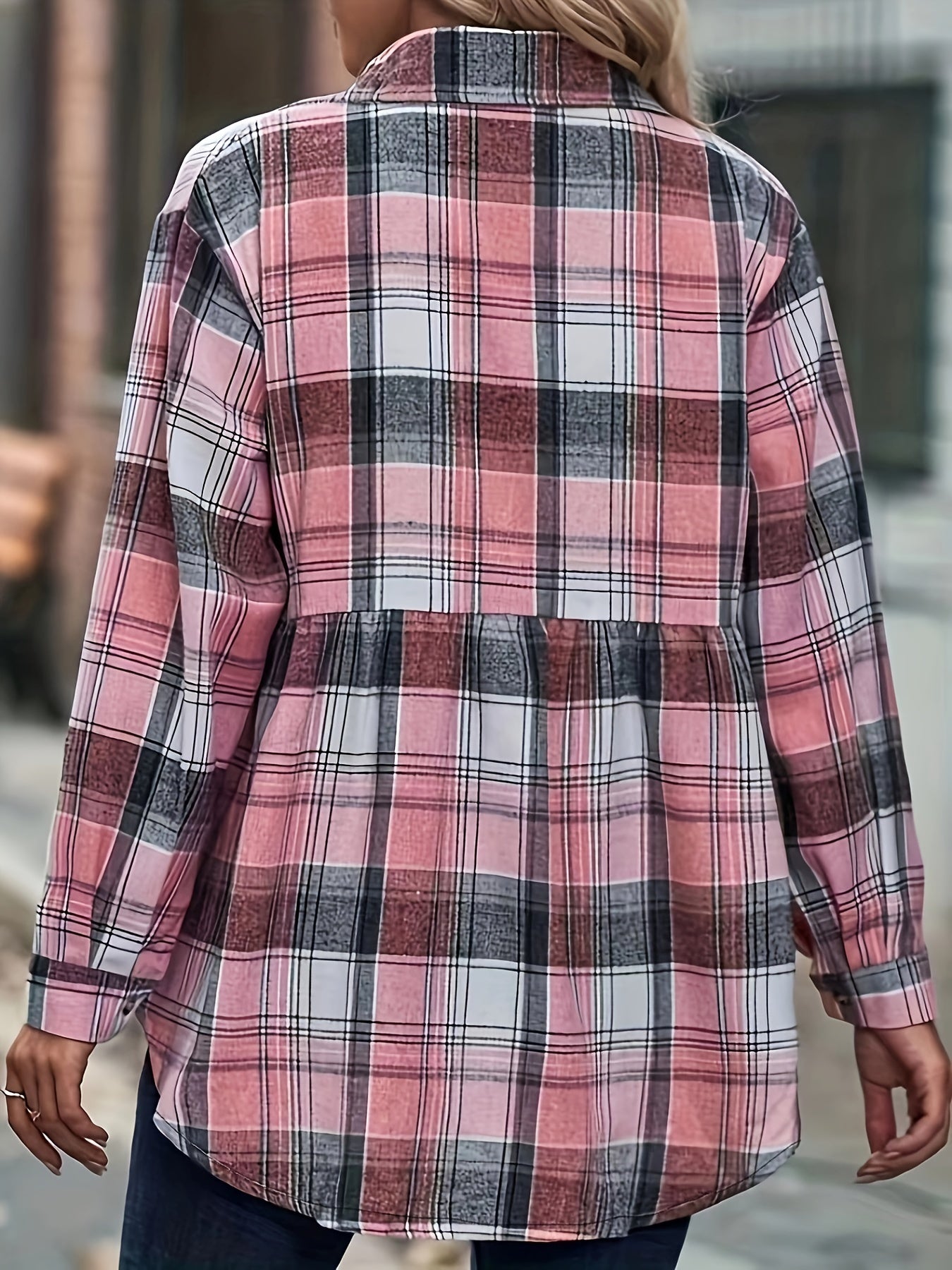  Women's Plaid Print Long Sleeve Peplum Shirt