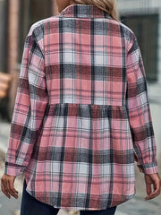  Women's Plaid Print Long Sleeve Peplum Shirt