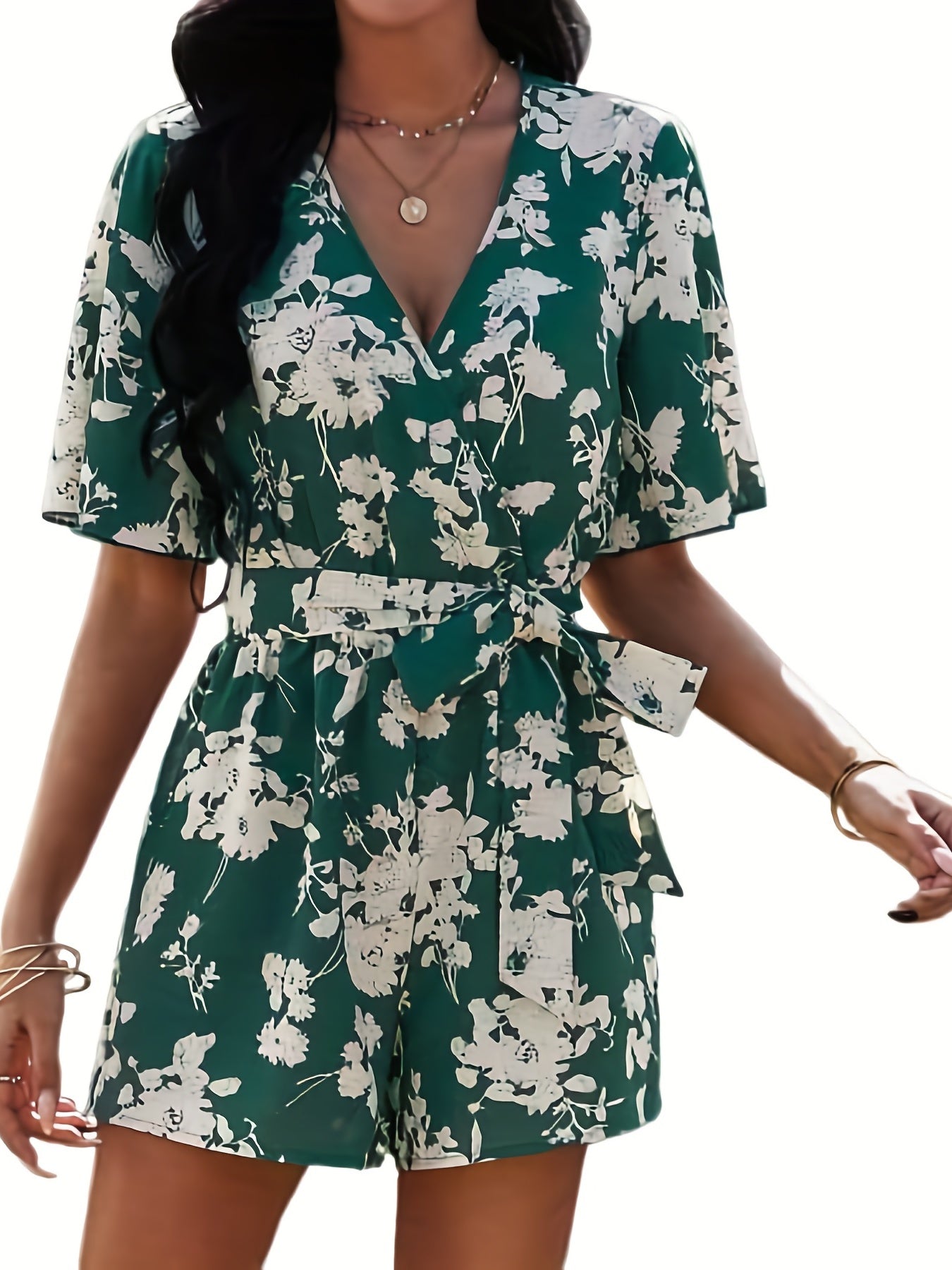 Floral Print V neck Romper Jumpsuit Short Sleeve Women's Clothing