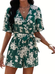 Floral Print V neck Romper Jumpsuit Short Sleeve Women's Clothing