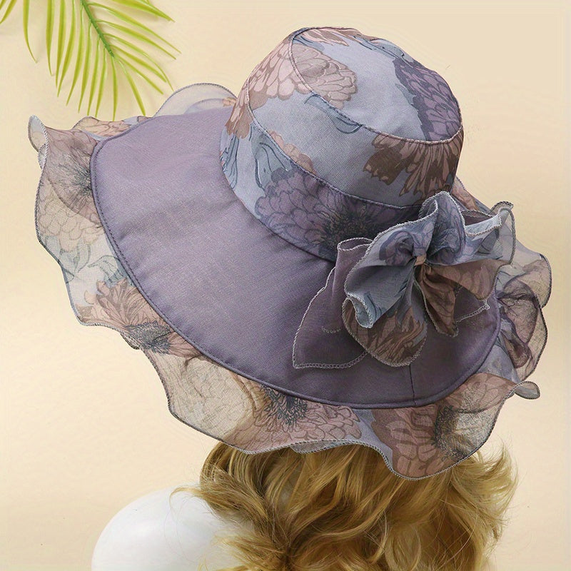 Vintage Flower Print Sun Hat Wide Brim Sunscreen Bucket Hat Lightweight Beach
