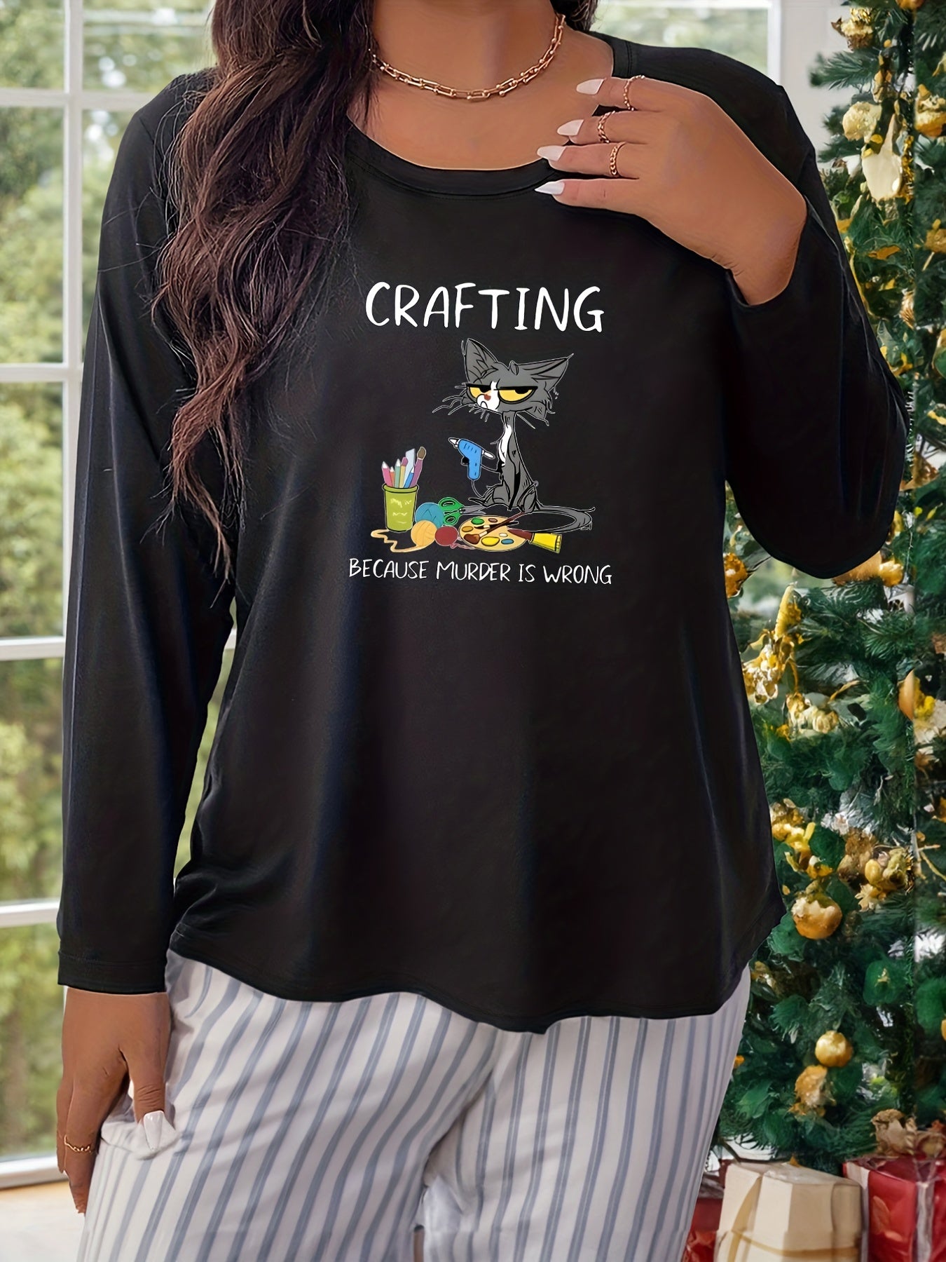  Cat & Letter Print Long Sleeve Pajama Top