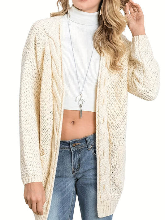  Solid Cable Long Sleeve Open Front Cardigan With Pockets