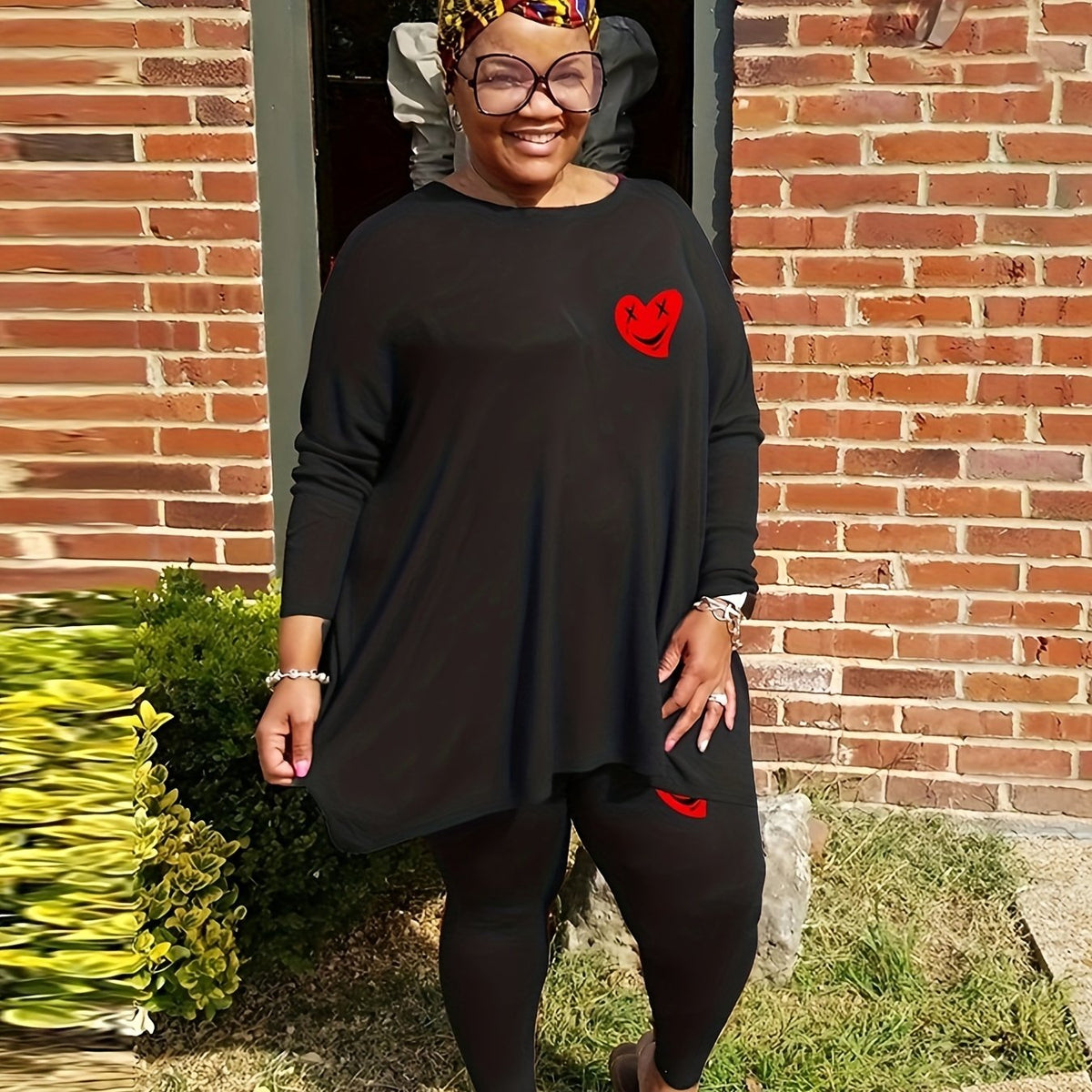  Funny Heart Print Tunic Top & Leggings Outfit Set