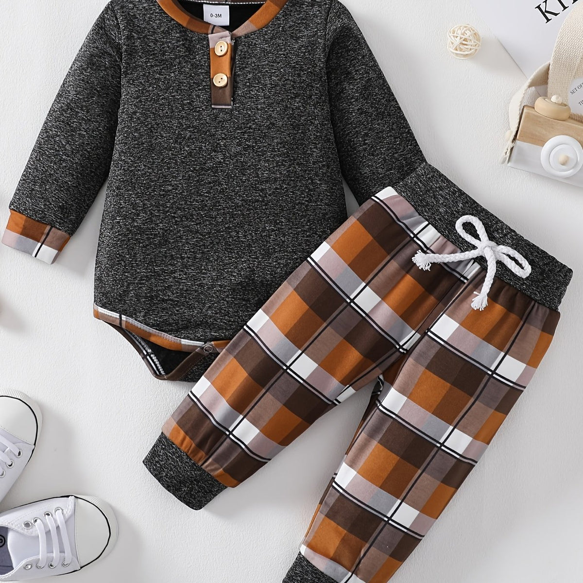 Newborn Infant Romper Long Sleeve Round Neck Bodysuit & Plaid Pants