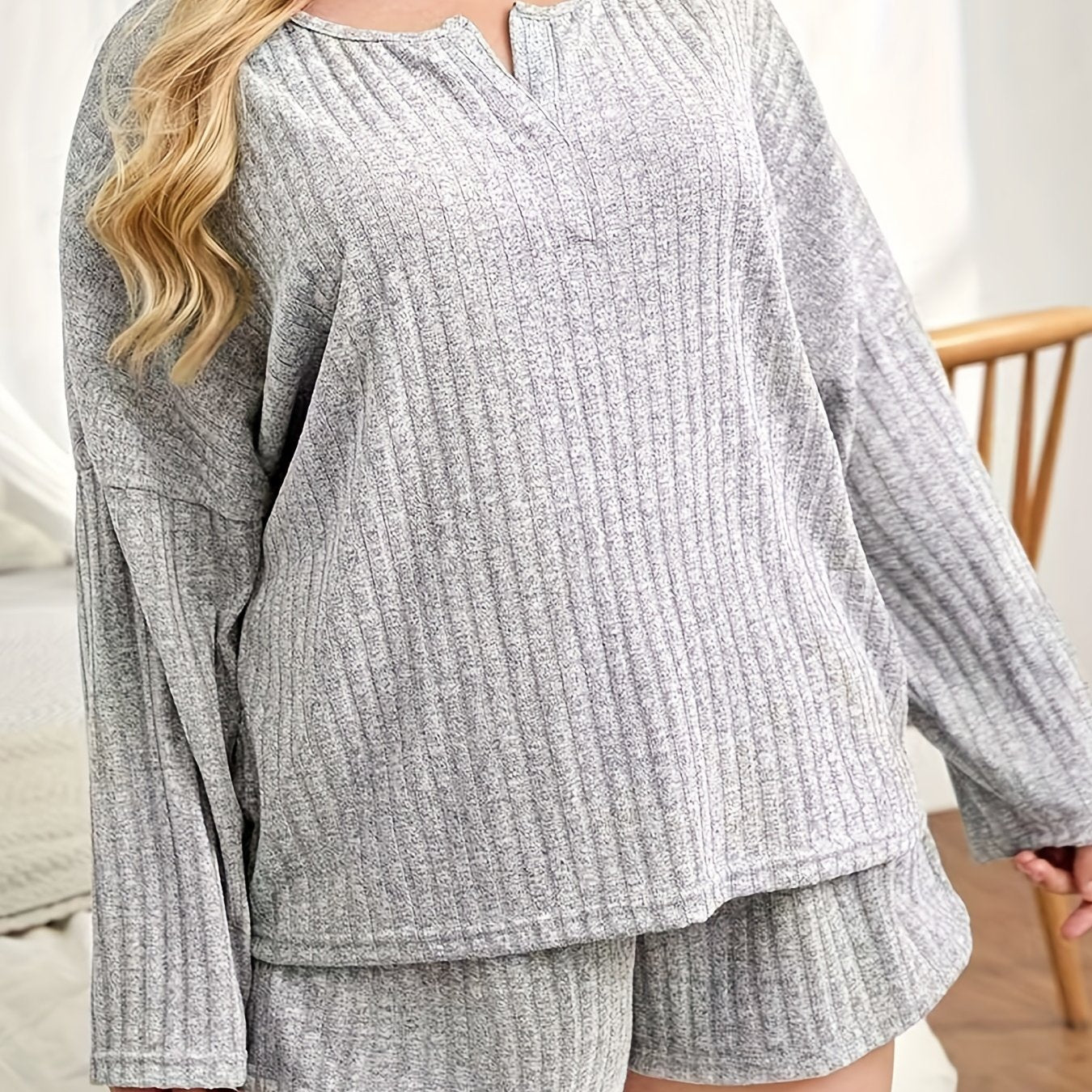  Ribbed Long Sleeve Top & Shorts Set