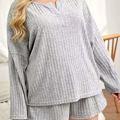  Ribbed Long Sleeve Top & Shorts Set
