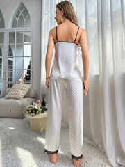 Polka Dot Satin Pajama Set Lace Trim V Neck Cami Top & Lounge Pants