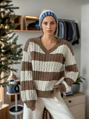  Colorblock Lantern Sleeve V Neck Sweater
