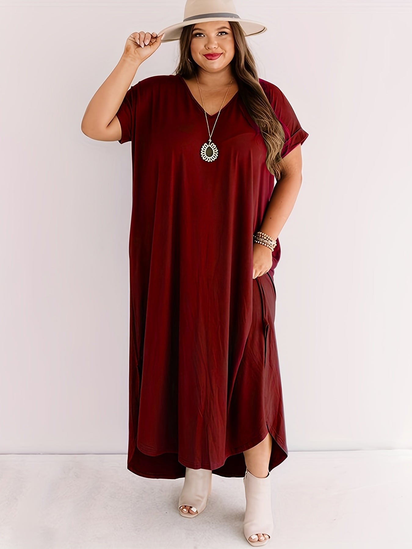  Solid Short Sleeve V Neck Maxi Dress