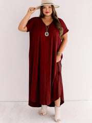  Solid Short Sleeve V Neck Maxi Dress