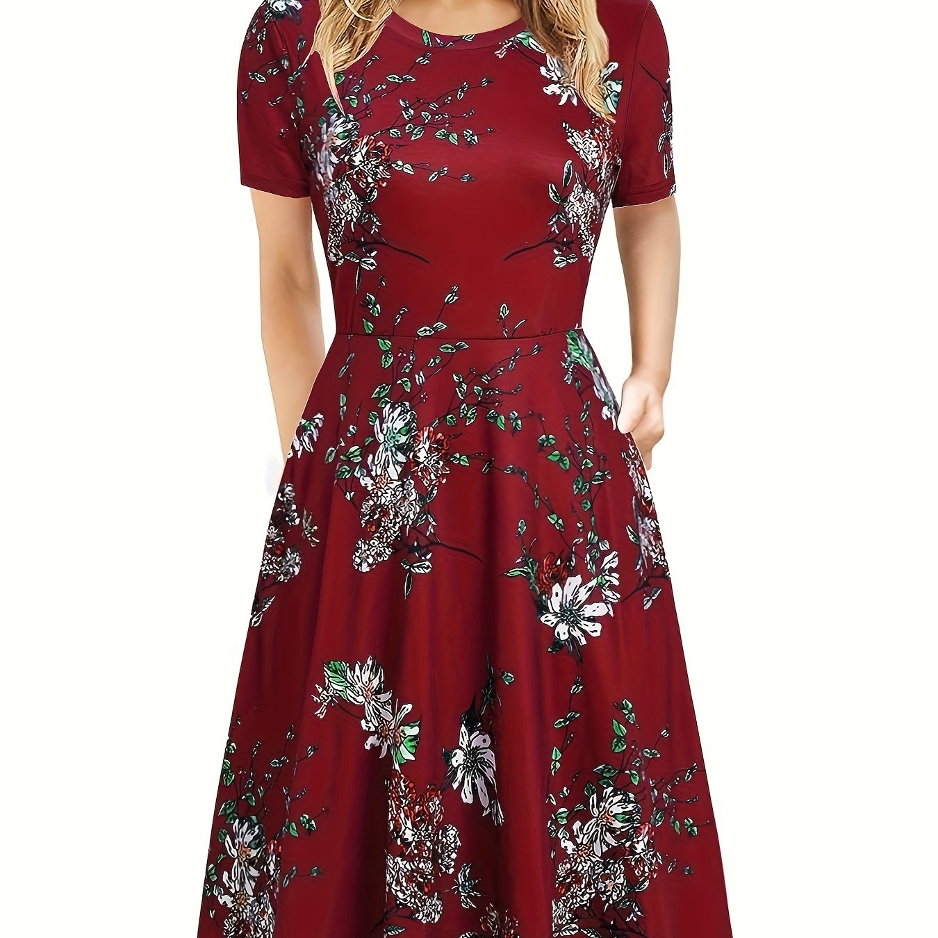 Floral Print Short Sleeve Midi Dress