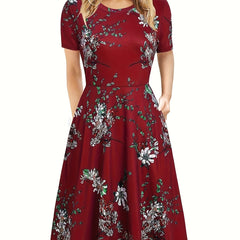  Floral Print Short Sleeve Midi Dress