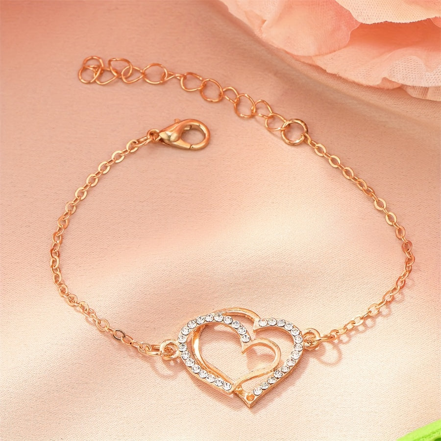 Golden Double Heart Ladies Bracelet Zircon Inlay Romantic Hand Jewelry Gift