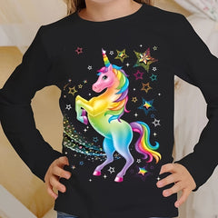 Girls Casual Unicorn Print Crew Neck Long Sleeve T shirt Spring Fall