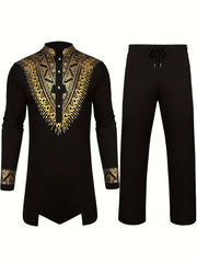 African 2 Piece Set Metallic Golden Pattern Print Cotton Dashiki Shirt And Pants