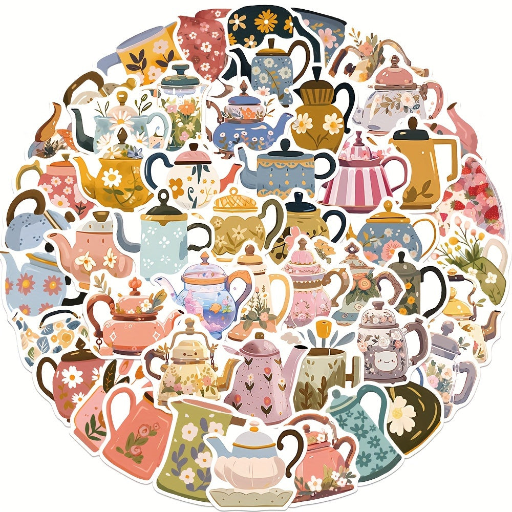 50 Colorful Flower Teapot Graffiti Stickers Waterproof DIY Stickers