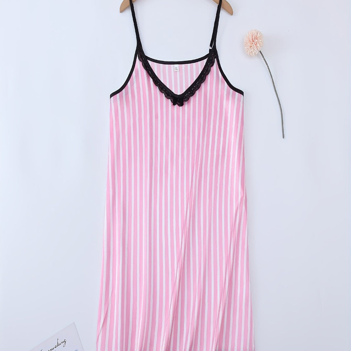  Striped Print Lace Trim Satin Cami Sleep Dress