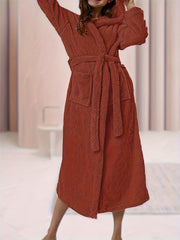  Hooded Fleece Sleepwear Robe with Belt & Pockets