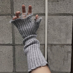 Knitted Ripped Tassel Punk Gloves Gothic Fingerless Mittens