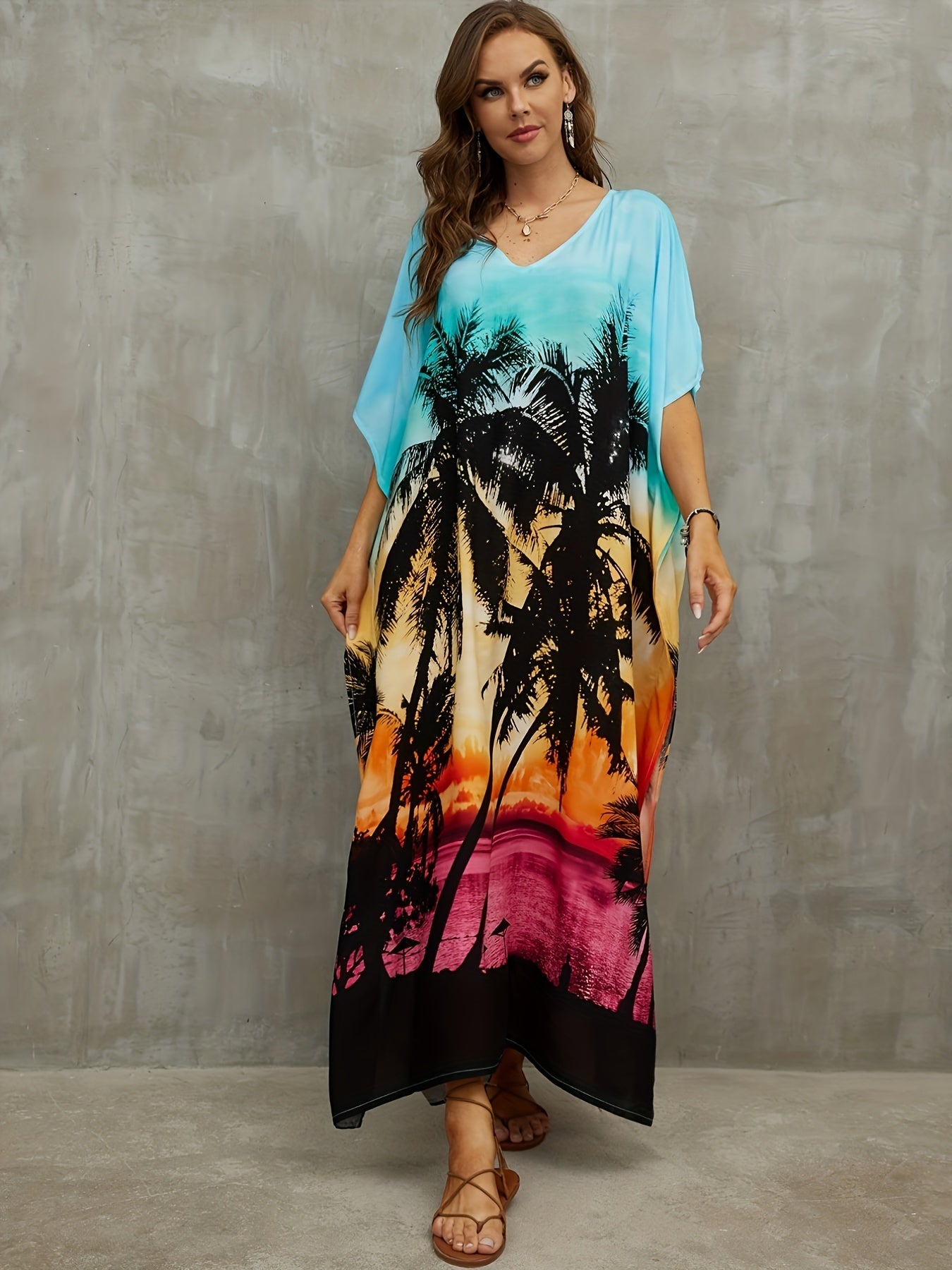  Beach Print Cover Up Dress V Neck Bat Sleeve