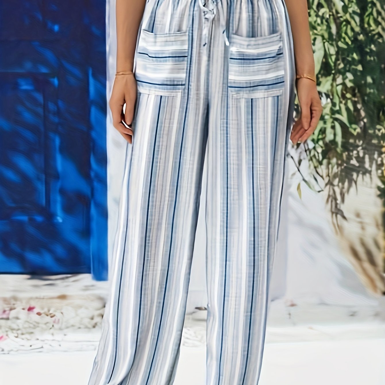  Stripe Print Straight Leg Pants With Pockets