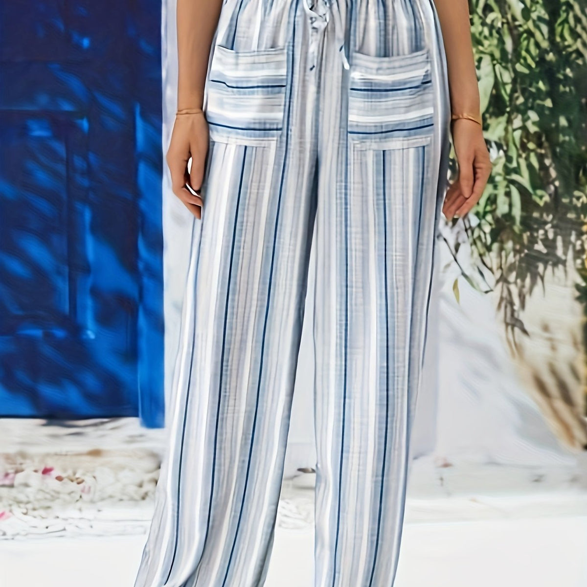 Stripe Print Straight Leg Pants With Pockets