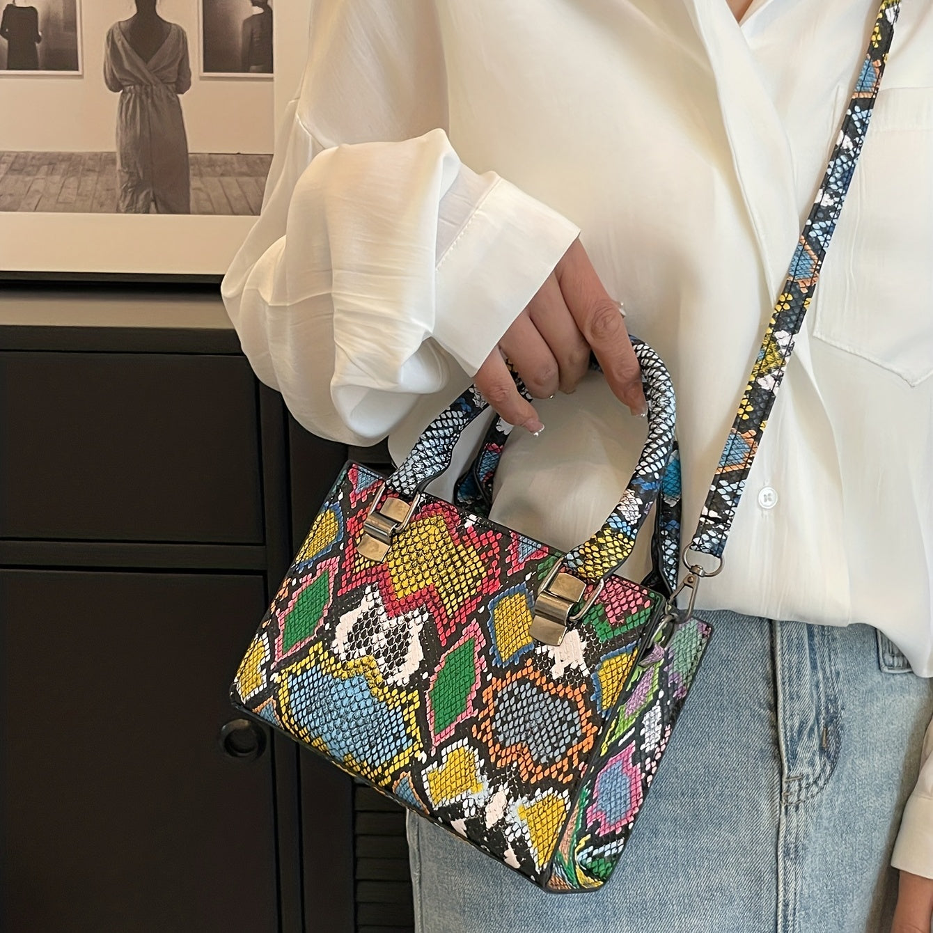 Snake Pattern Tote Bag Faux Leather Shoulder Bag