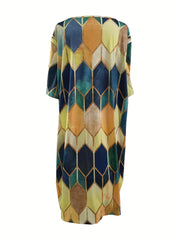  Geometric Print Short Sleeve Notched Neck Dress
