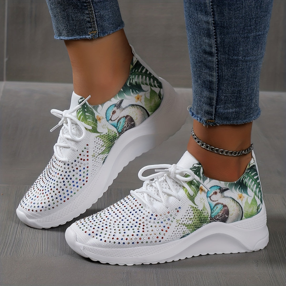Women's Lace Up Rhinestone Sneakers Lightweight Casual Soft Sock Shoes