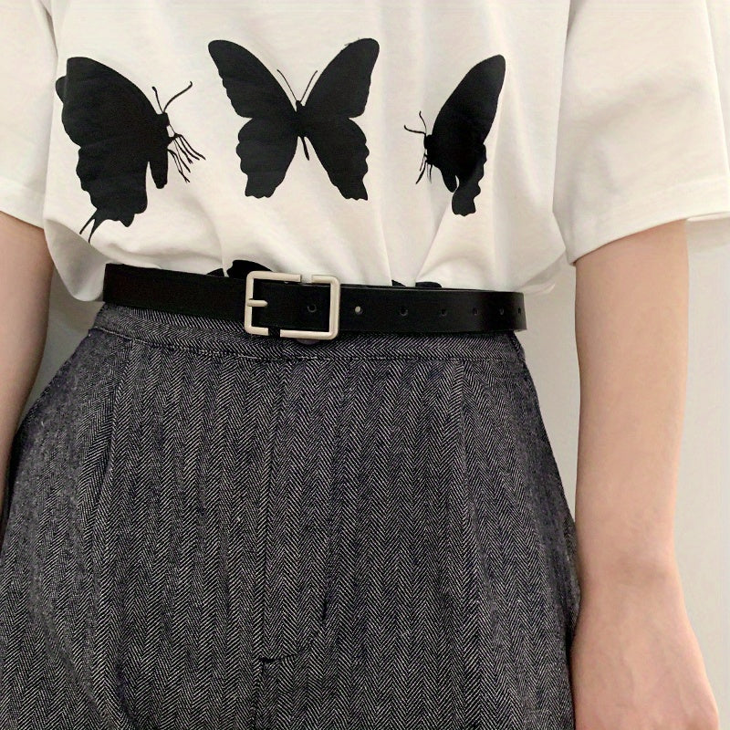Rectangular Buckle Belt Casual Solid PU Belt For Women