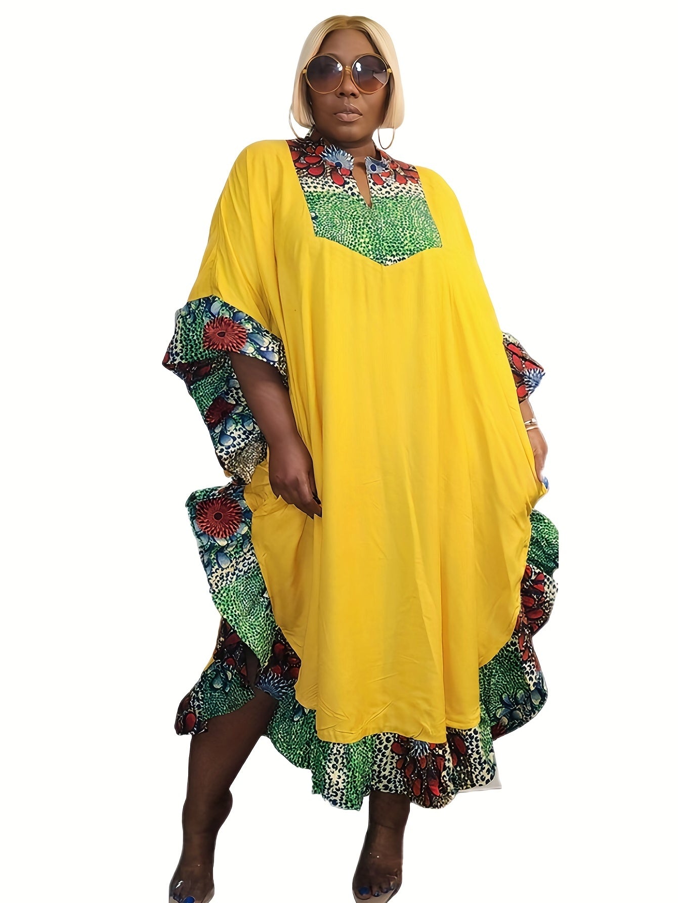  Colorblock Floral Print Abaya Dress with Ruffle Trim