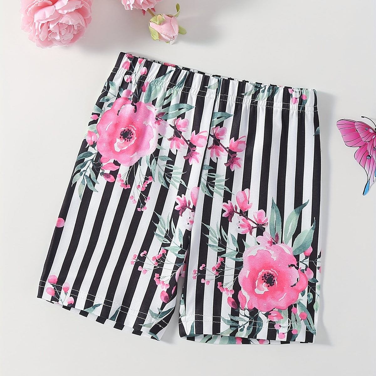 Girls' Striped Flower Print Thin Casual Shorts