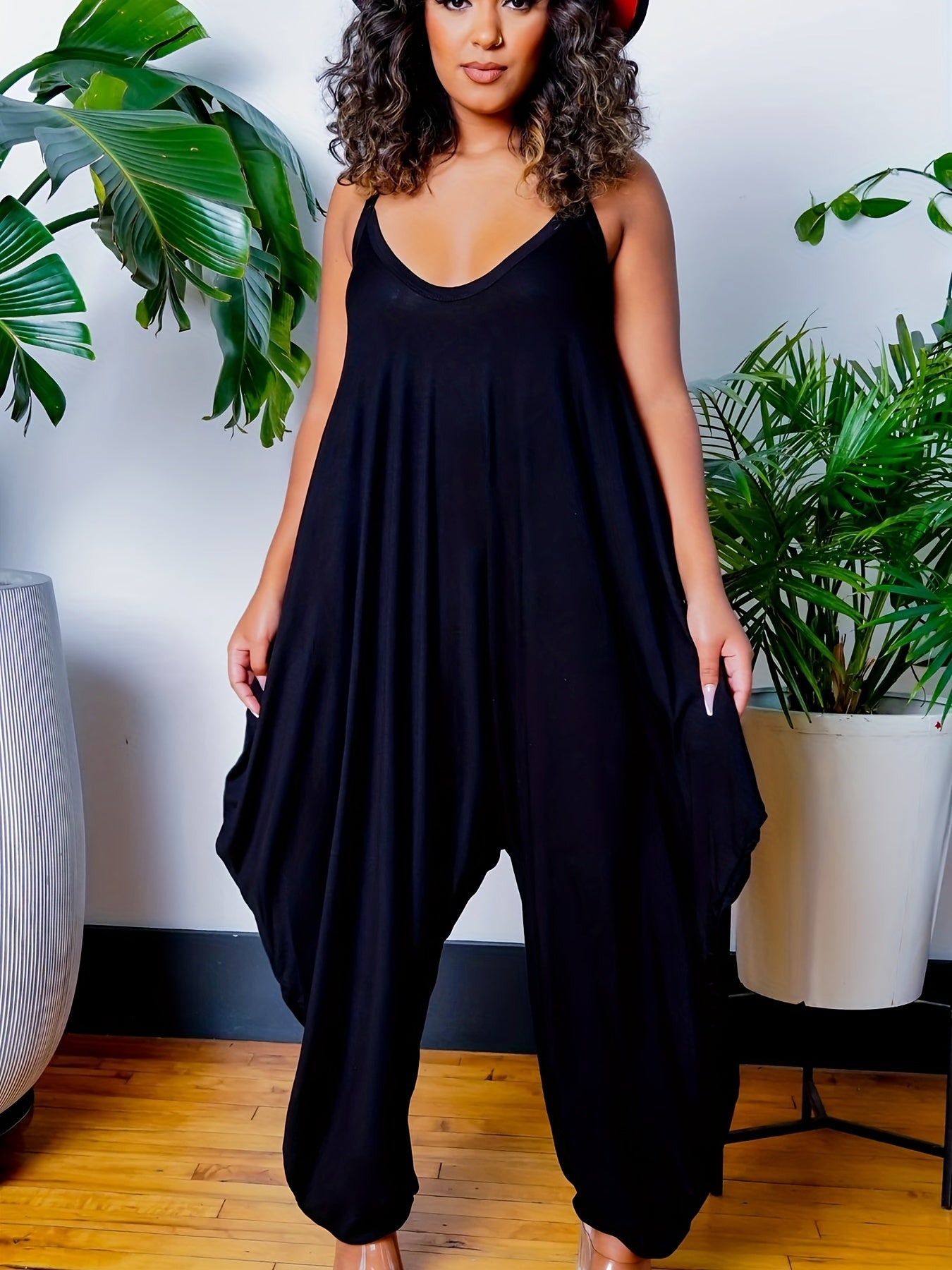  Casual Cami Jumpsuit Solid V Neck Drop Crotch Harem Cami Jumpsuit