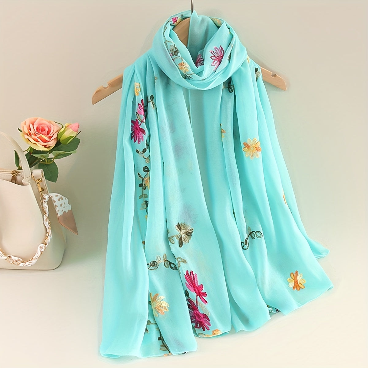 Flower Embroidery Scarf Solid Shawl Casual Head Wrap Hijab