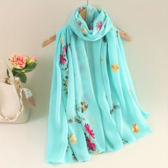 Flower Embroidery Scarf Solid Shawl Casual Head Wrap Hijab