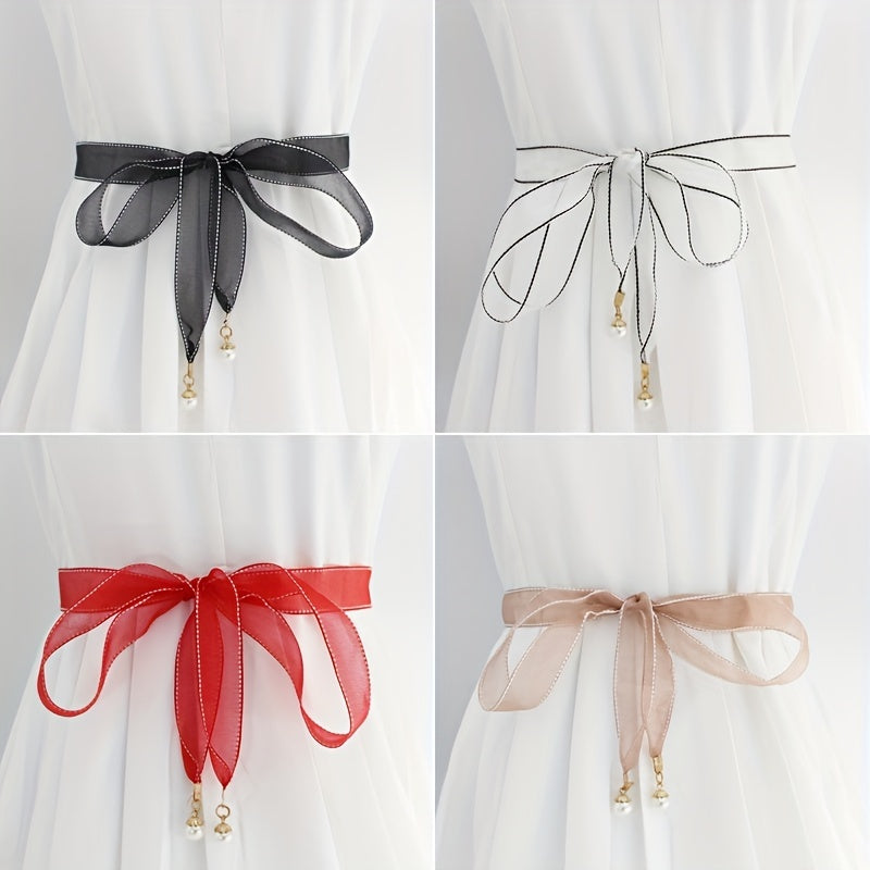 Faux Pearl Pendant Sash Belt Ribbon Bow Belts for Women