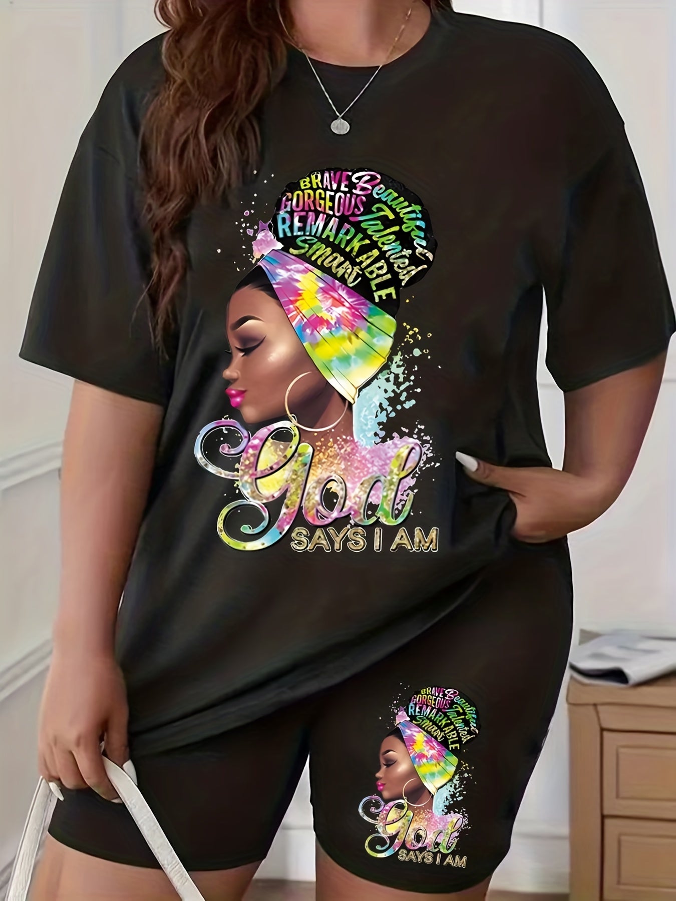  Casual Two Piece Set Women's Cartoon Print Top & Shorts