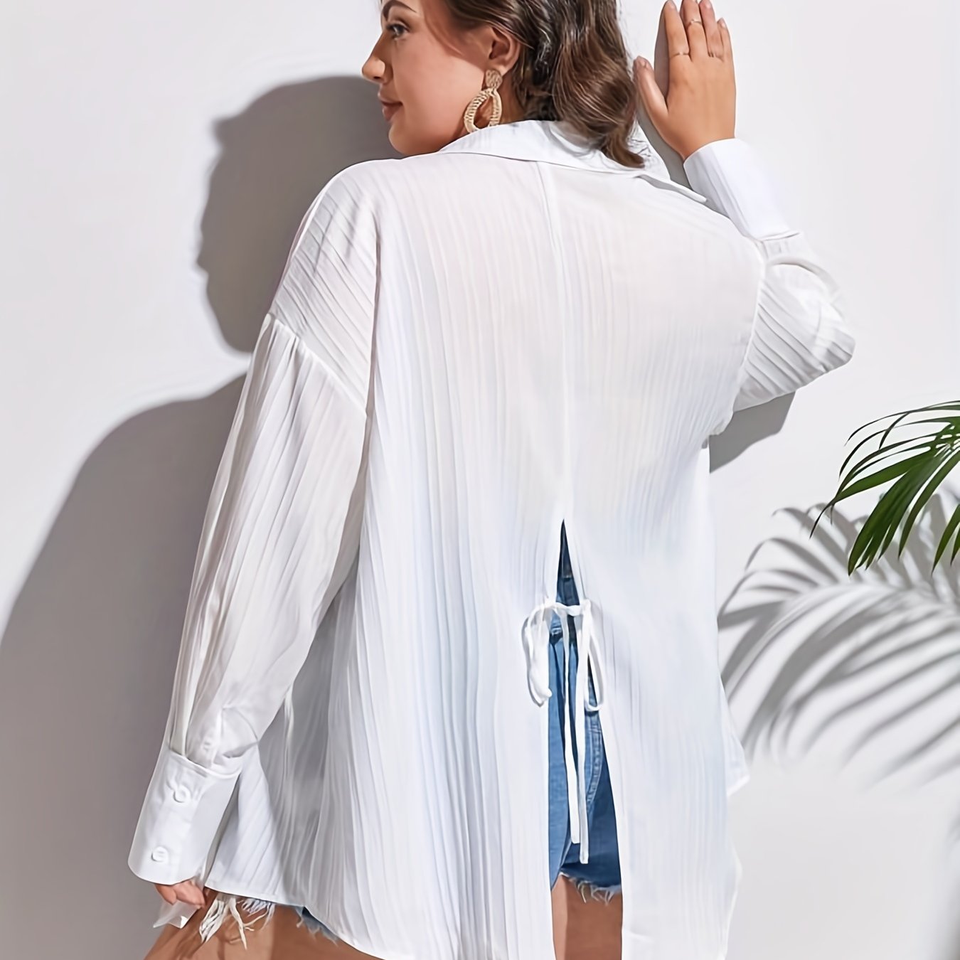  Solid Textured Long Sleeve Button Up Blouse