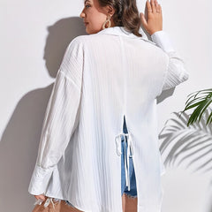  Solid Textured Long Sleeve Button Up Blouse