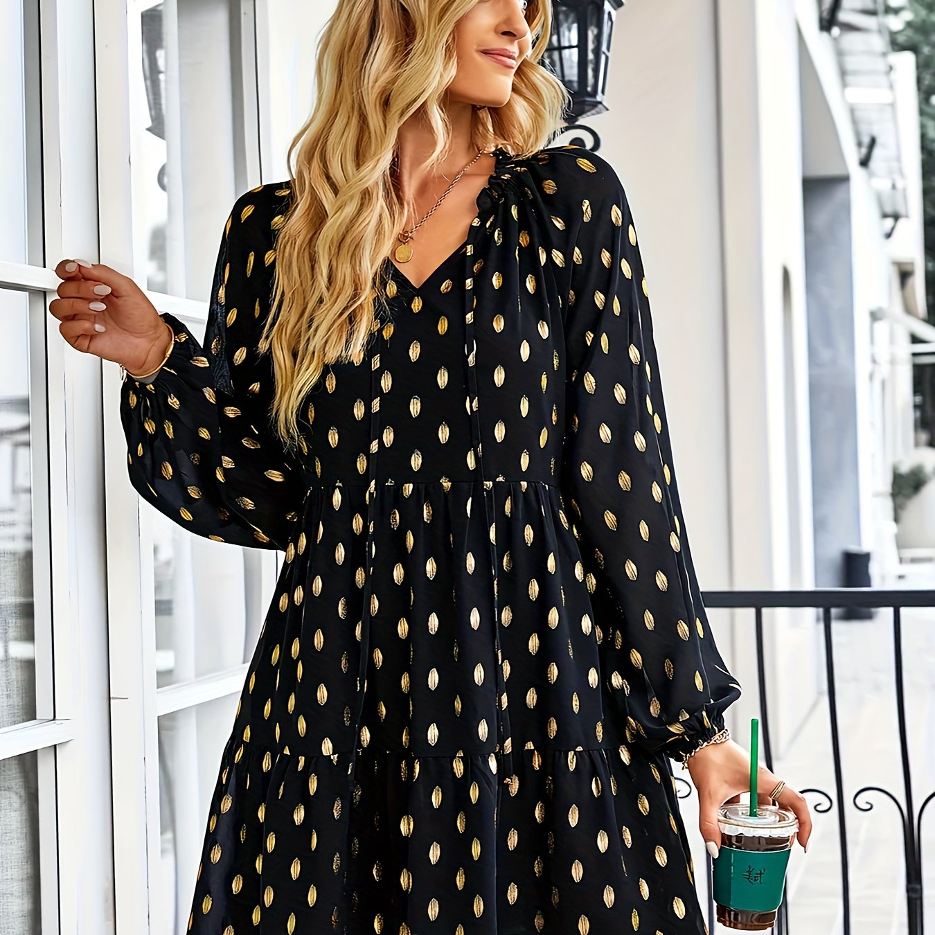  Mini Dress Golden Dot Print Lantern Sleeve