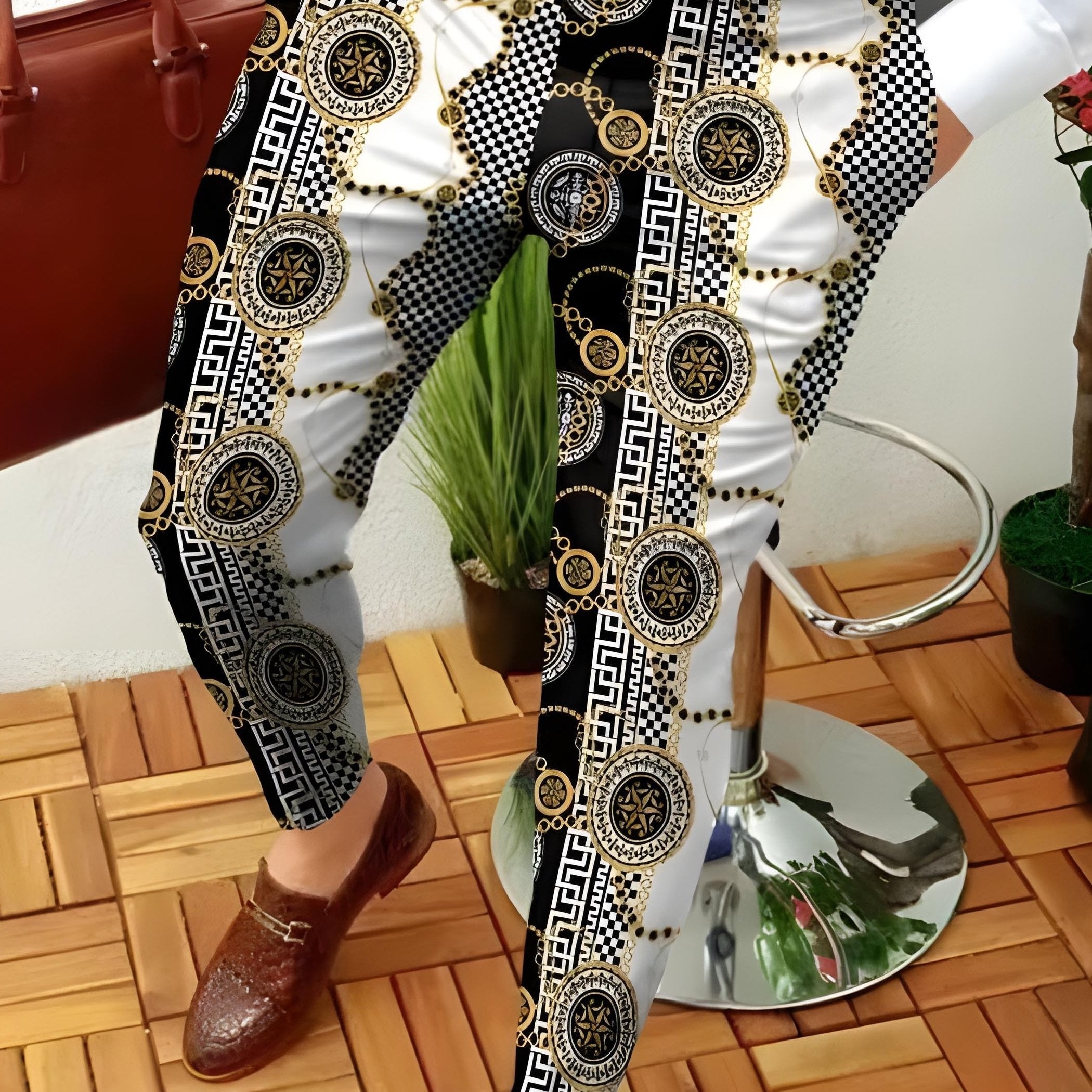 Slim Fit Geometric Print Slacks Men's Casual Vintage Style Stretch Dress Pants