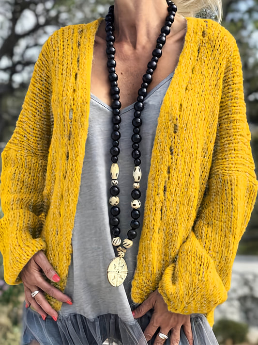  Solid Cut Out Knitted Long Sleeve Open Front Sweater Cardigan