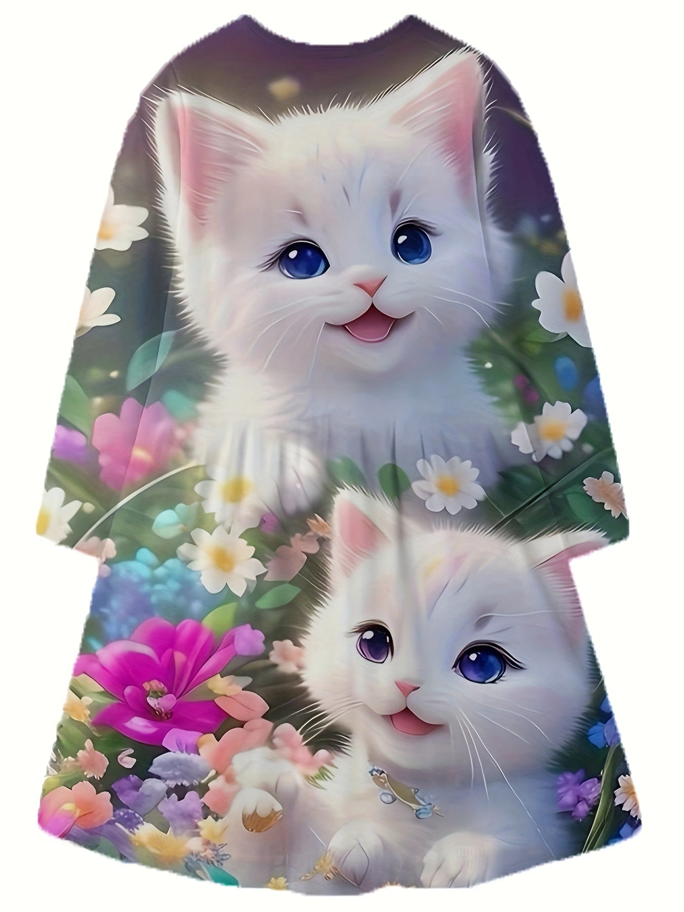 Girls Flower & Cat Graphic Crew Neck Long Sleeve Dress Spring Fall Party Gift