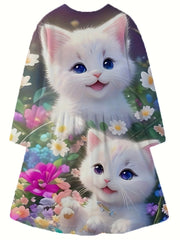 Girls Flower & Cat Graphic Crew Neck Long Sleeve Dress Spring Fall Party Gift