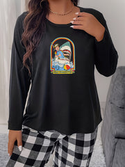  Horror Shark Graphic Print Long Sleeve Home Wear Tee