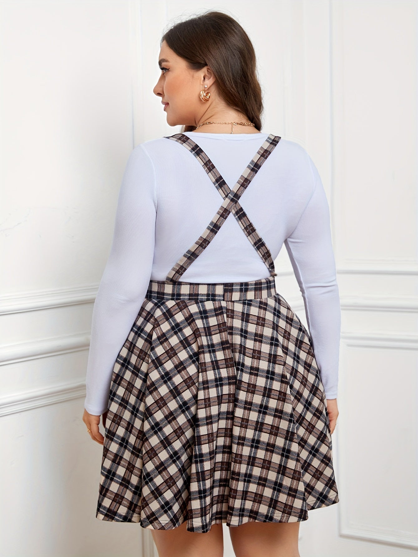  Women's Plaid Print Criss Cross Overall Mini Skirt