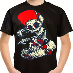 Skateboard Player Skull Graphic Tee Kids Boys Girls 3D Print Casual T-shirt