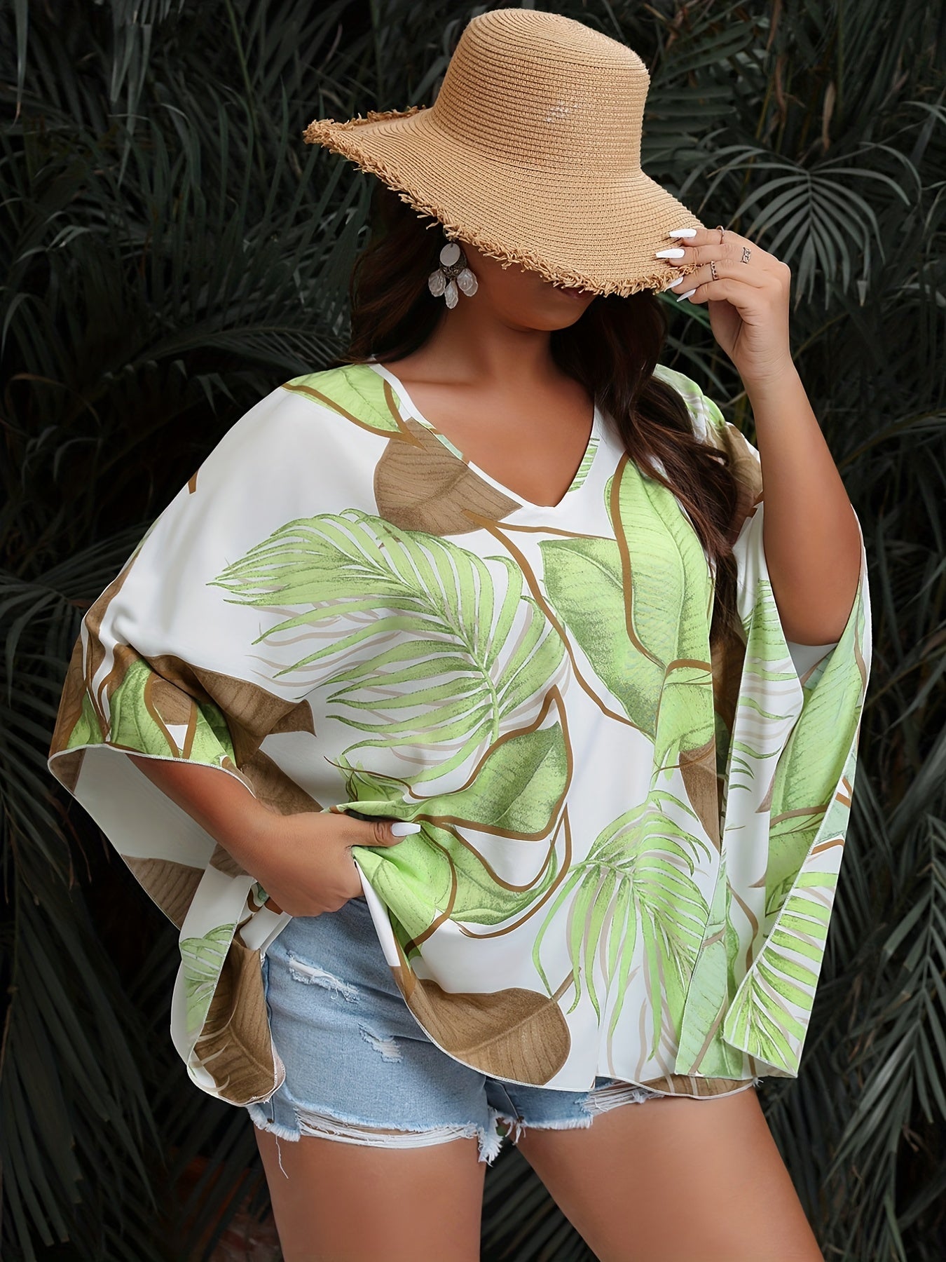  Leaf Print Bat Sleeve V Neck Top
