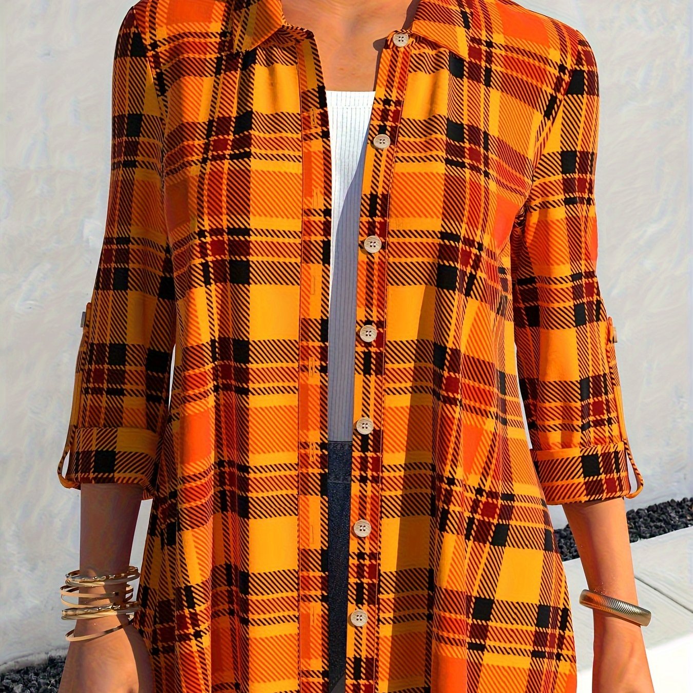  Plaid Roll Up Sleeve Button Up Shirt